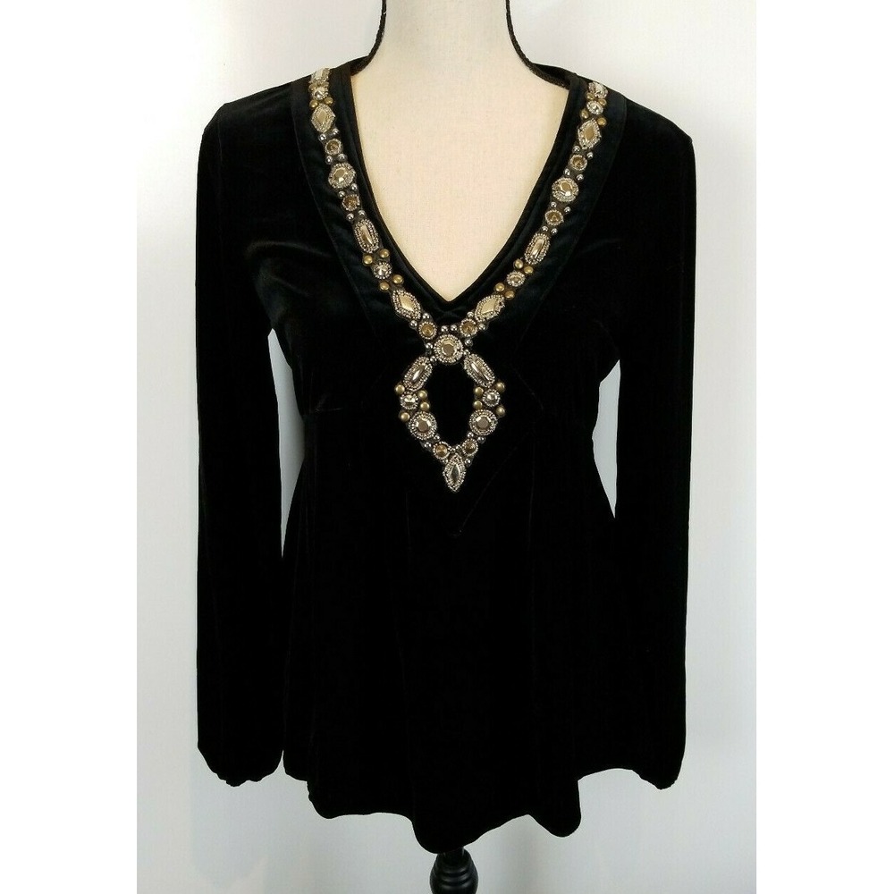 Gabriella Rossi Size M V Neck Velvet Romantic Long Sleeve Embellished Blouse